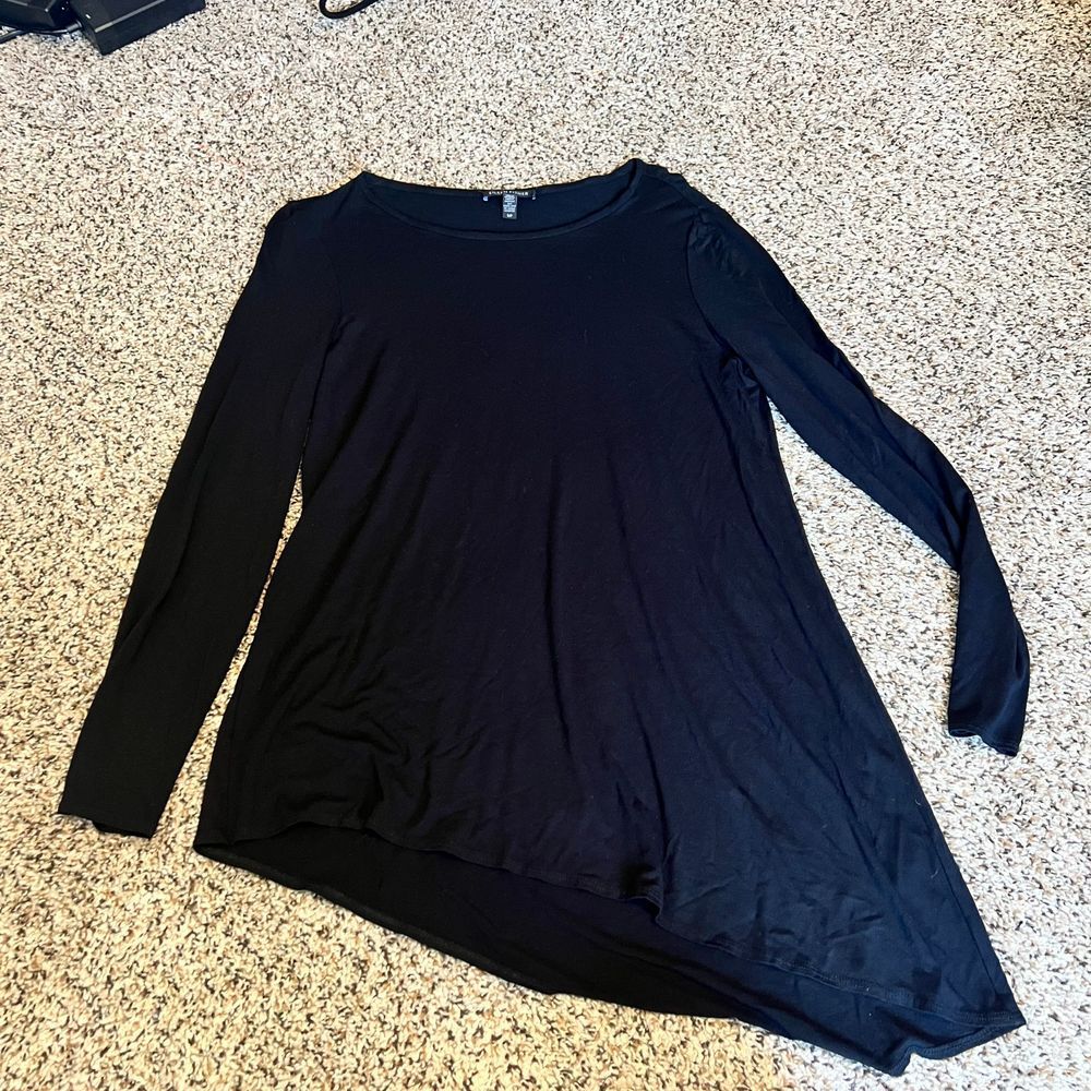 Eileen Fisher Asymmetrical Long Sleeve Black Tunic Top Casual Flowy Stretch Knit